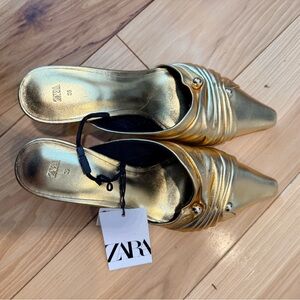 ZARA gold metallic pointed toe mule heels – new with tag